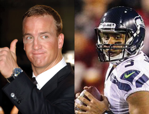 Peyton Manning, left, and Russell Wilson face each other in this year’s Super Bowl. Both quarterbacks have shared their faith in Jesus Christ. (Photos: Shutterstock, World News Service)