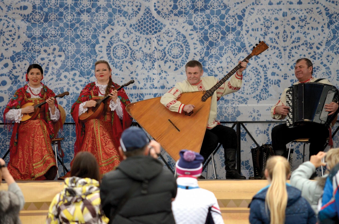 Groups wearing traditional clothing and playing indigenous instruments provided entertainment in the Olympic Park in Adler.