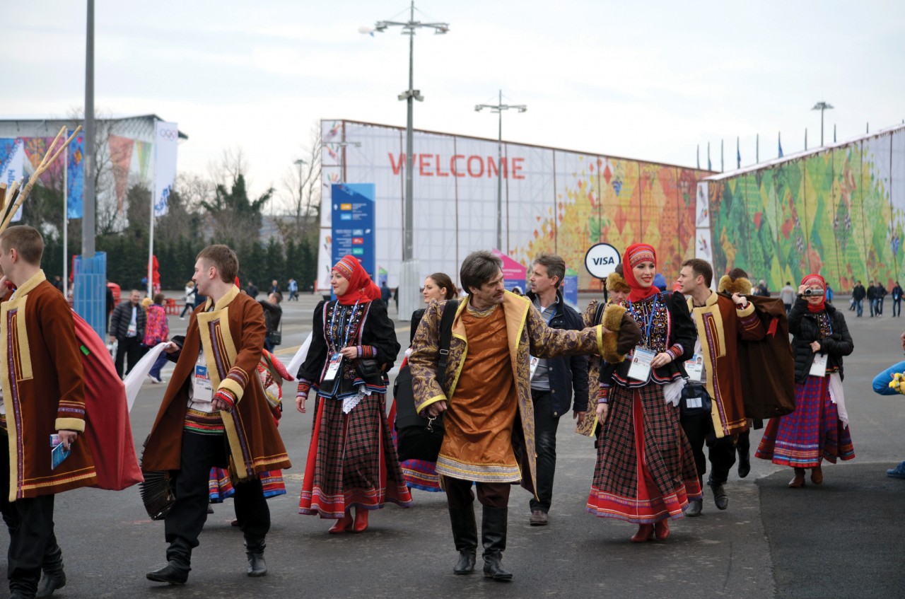 Groups wearing traditional clothing provided entertainment in the Olympic Park in Adler.