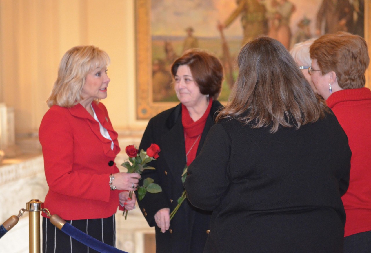 Oklahoma Gov. Mary Fallin receives red roses from pro-life citizens at Rose Day. Fallin spoke at the event and voiced a special commendation for the work of BGCO Executive Director-Treasurer Anthony L. Jordan.