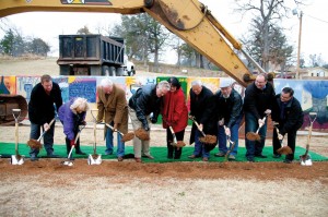 Anthony and Polla Jordan, third and fourth from left, participate in the ground breaking with building committee members, including Gene Downing, third from right, who gave a $2.3 million matching gift toward the Falls Creek Centennial Campaign.