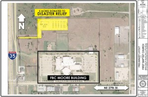A site map denotes where the donated five acre plot is located along I-35 and north of NE 27th St. in Moore.