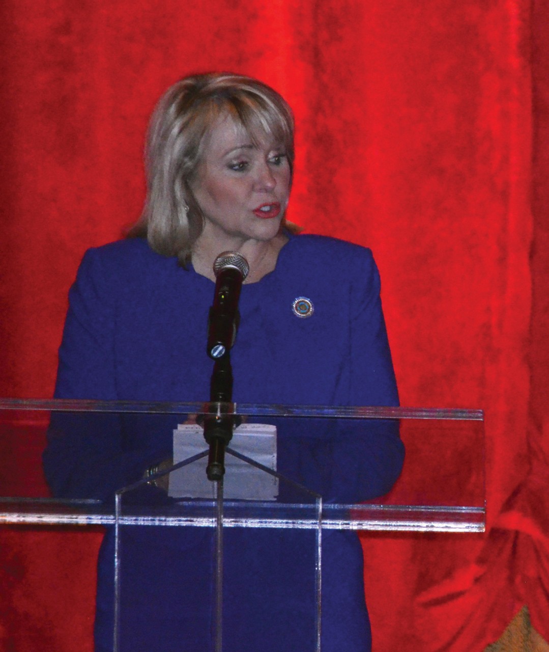 Gov. Mary Fallin speaks at the May 13 movie premiere event of ‘Where Was God?’ at the Moore Warren Theatre.