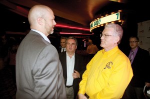 From left, James Moody, who was featured in ‘Where Was God?’ lost his home in the Moore tornado, visits with film producer Chris Forbes and BGCO Executive Director-Treasurer Anthony L. Jordan.
