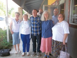 Jones also met the Blue Star Mothers, including, from left, Sue Hill, Bev Moran, Gerald and Diane Carkhuff and Dave and Debbie Laukat.
