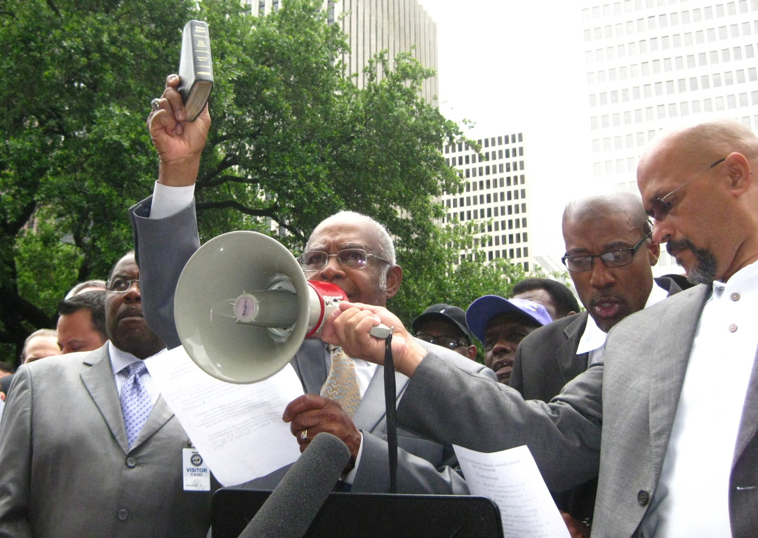 F.N. Williams Sr., pastor of Antioch Missionary Baptist Church in Houston, addresses a rally earlier this year opposing the city’s push for a gay rights-style nondiscrimination ordinance. The issue has erupted anew with subpoenas by city government for pastors’ sermons and communications in opposition to the ordinance. (Photo: Bonnie Pritchett)