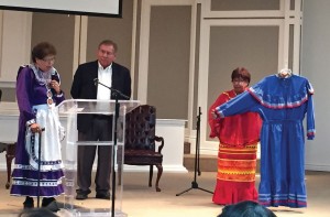 Laura Mackey, president of the executive board of The Native American LINK, Inc., left, presented Willene Pierce’s Muscogee Creek tribal dress, which she wore in the Native Praise Choir, to Emerson Falls, BGCO Native American specialist, to be placed in the Mission Center at the Baptist Building.