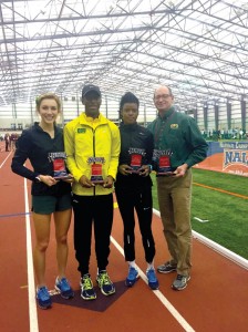 From left, Women’s Outstanding Performer Hannah Fields; Men’s Outstanding Performer Travis Hinton; Women’s Most Valuable Performer Elizabeth Dadzie and Women’s Coach of the Year Ford Mastin.