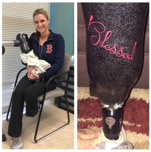 Rebekah DiMartino poses with her new prosthetic leg after receiving it last month. The word “Blessed” is embroidered on the leg to signify DiMartino’s gratitude that she and her son are still alive despite being three feet away from the Boston Marathon bomb as it went off. (Photo: Facebook)