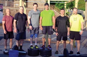 Men’s Rewired CrossFit top three teams were, from left, Second Place: Alan Henson and Dan Allen; First Place: Andy Taylor and Blake Gideon; and Third Place: Nathan Elliott and John Jordan. (Photo: Chris Doyle)