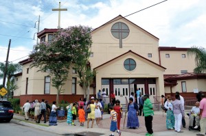 Franklin Ave. members visit after worship Aug. 16. The church building was filled with nine feet of water after Hurricane Katrina hit the area on Aug. 29, 2005. (Photo: Bob Nigh)