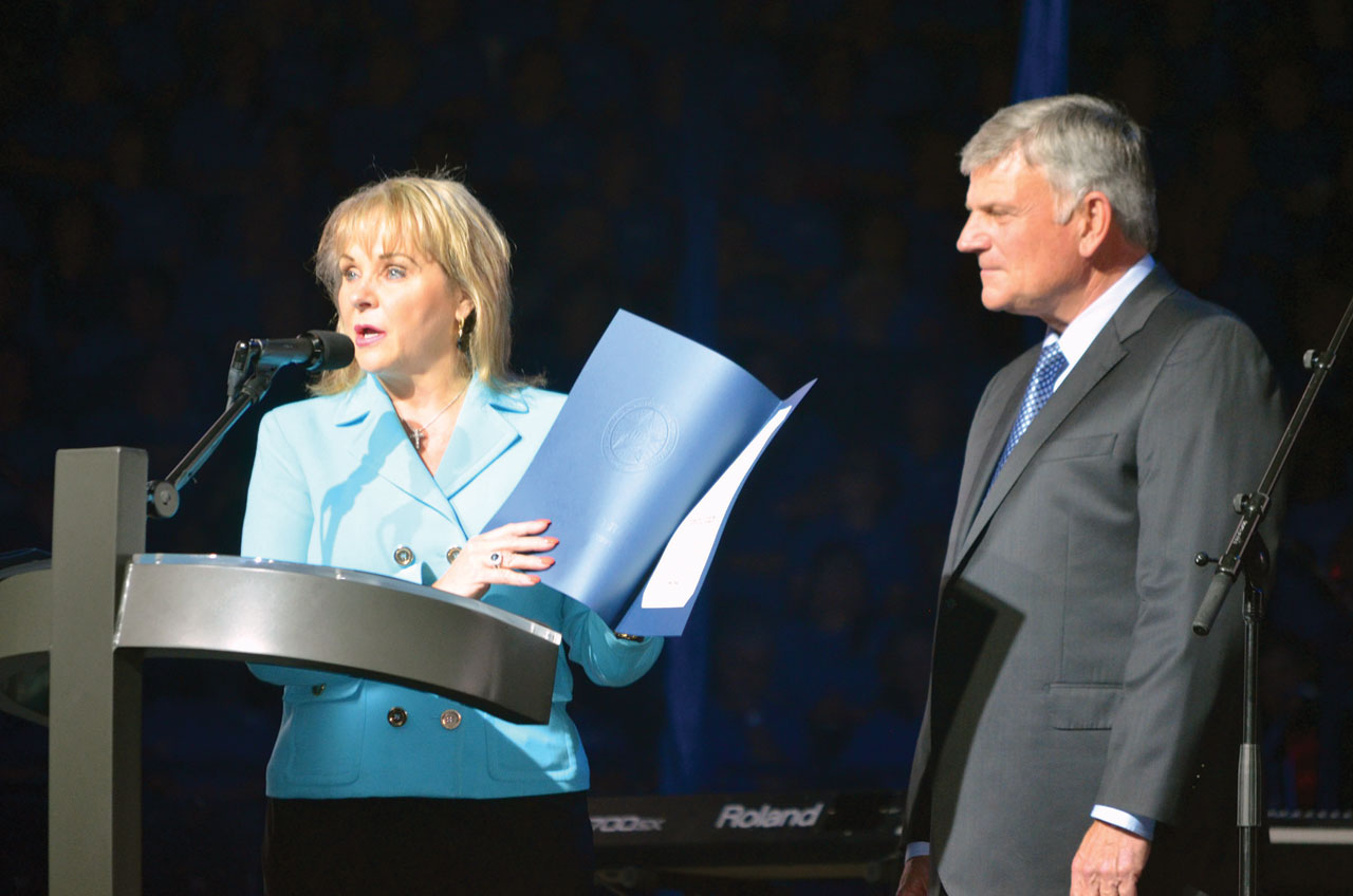 Oklahoma Gov. Mary Fallin offered a proclamation which made Graham an honorary citizen of Oklahoma. The governor also shared a word of testimony of her Christian faith and said her children made life-changing decisions during the 2003 Billy Graham Crusade in Oklahoma City. (Photo: Chris Doyle)