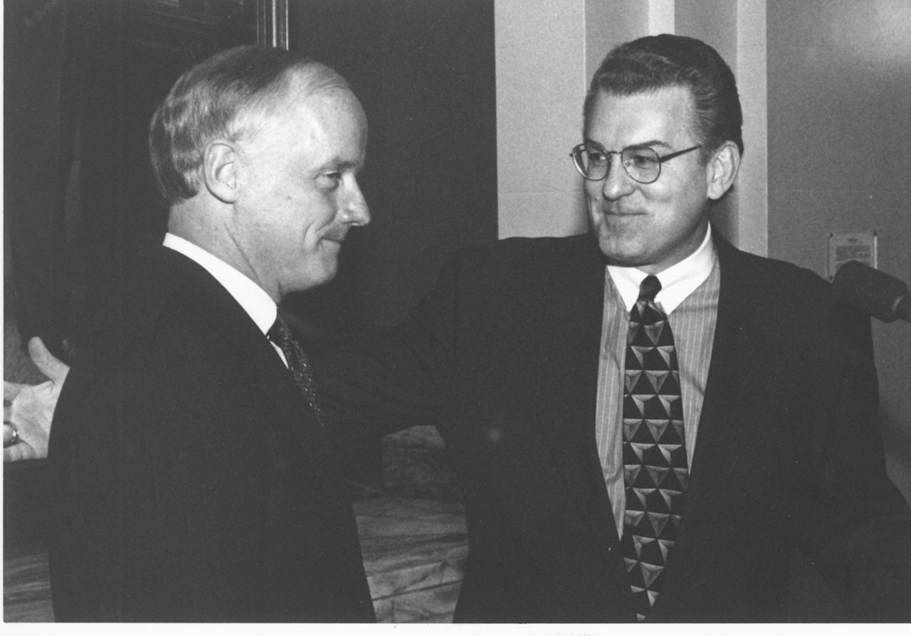 Former Oklahoma Gov. Frank Keating meets with BGCO Executive Director-Treasurer Anthony Jordan, then pastor of Oklahoma City, Northwest, during the 1995 Rose Day Rally.
