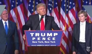 "Now it's time for America to bind the wounds of division," said President-elect Donald Trump after his opponent Hillary Clinton conceded early Wednesday. "It is time for us to come together as one united people. It's time." Screen capture from New York Times