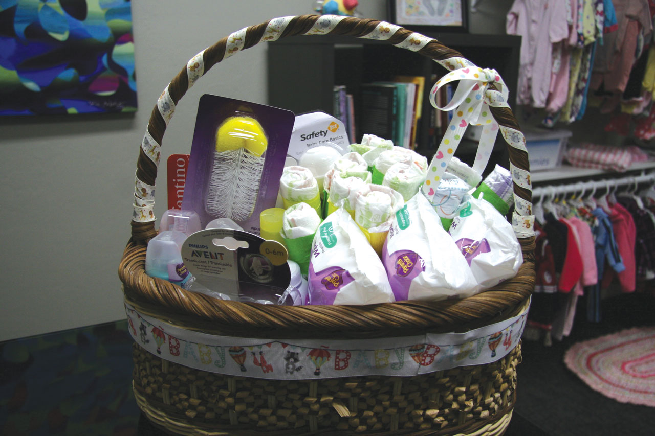 A gift basket inside the boutique where mothers can use points earned in educational classes to shop for their children