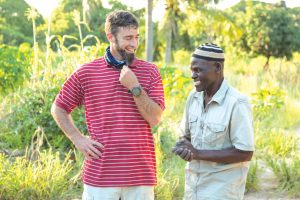 IMB missionary Brian Harrell visits with Makhuwa Nahara man in Mozambique. Harrell and his family rely on the Lottie Moon Christmas Offering and prayers of Southern Baptists, such as the members of Boise City, First, to sustain them in their work on the mission field