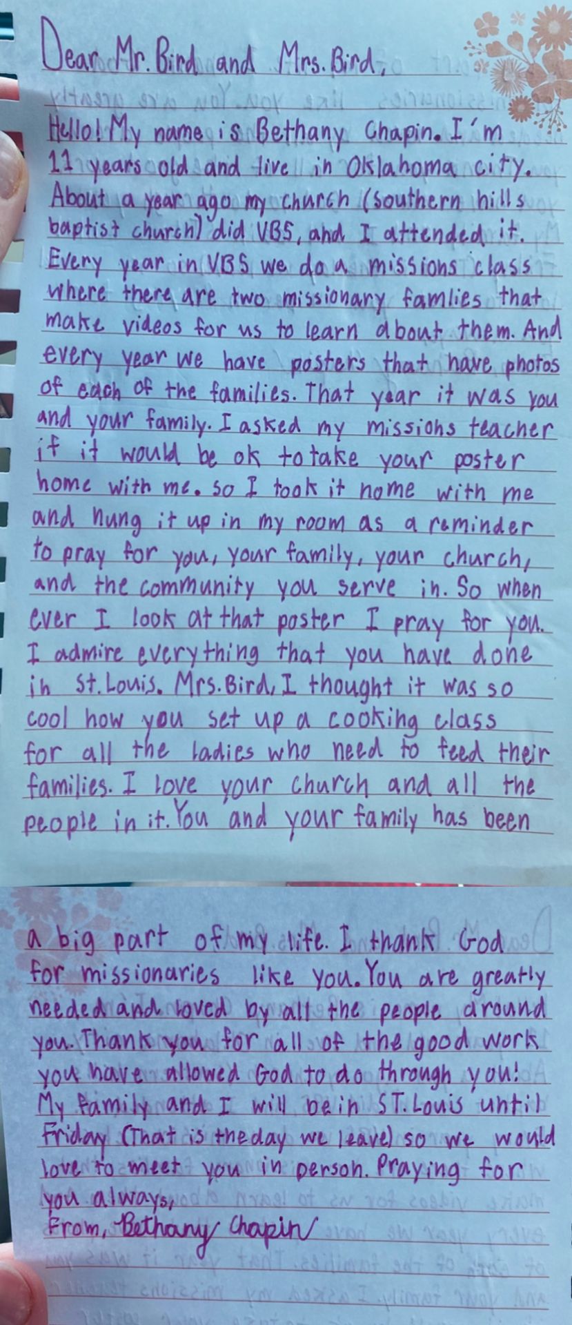Bethany's letter to the Byrd family.